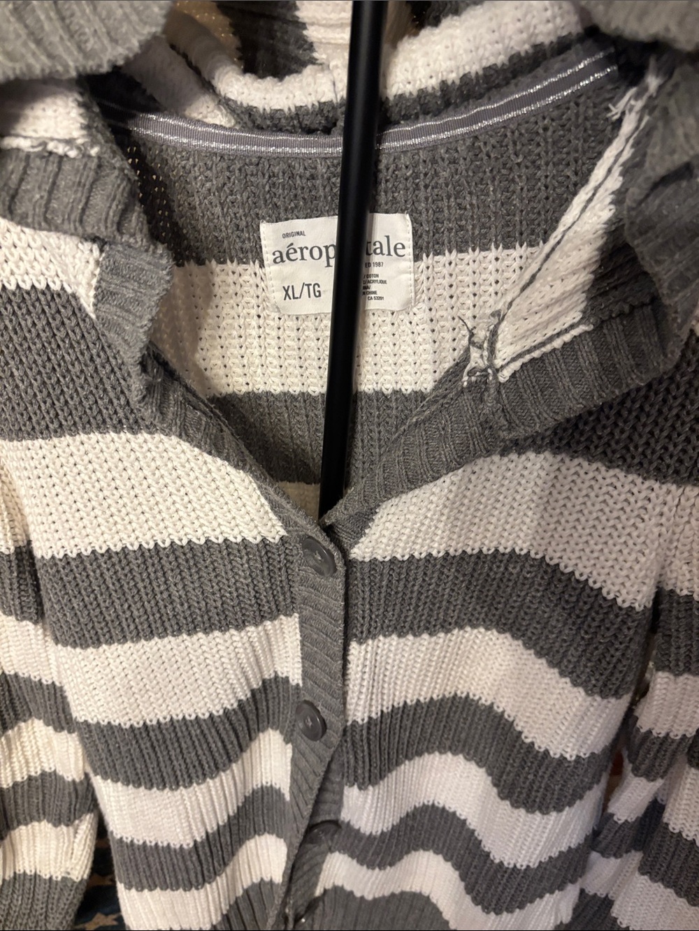 Aeropostale Gray & White Striped Hooded Button-Up Cardigan